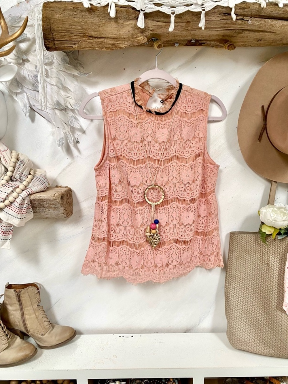 Rustic blush lace/crochet boho sleeveless blouse w prairie cottagecore vibe